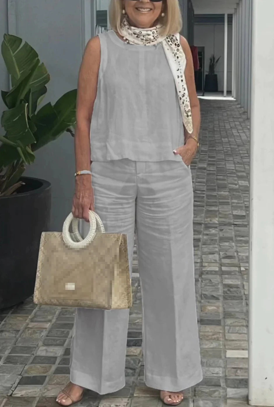 Costumes simples en coton et lin pour femmes, mode d'été, chemisier ample sans manches, pantalon à jambes larges, ensemble deux pièces pour femmes, tenues décontractées