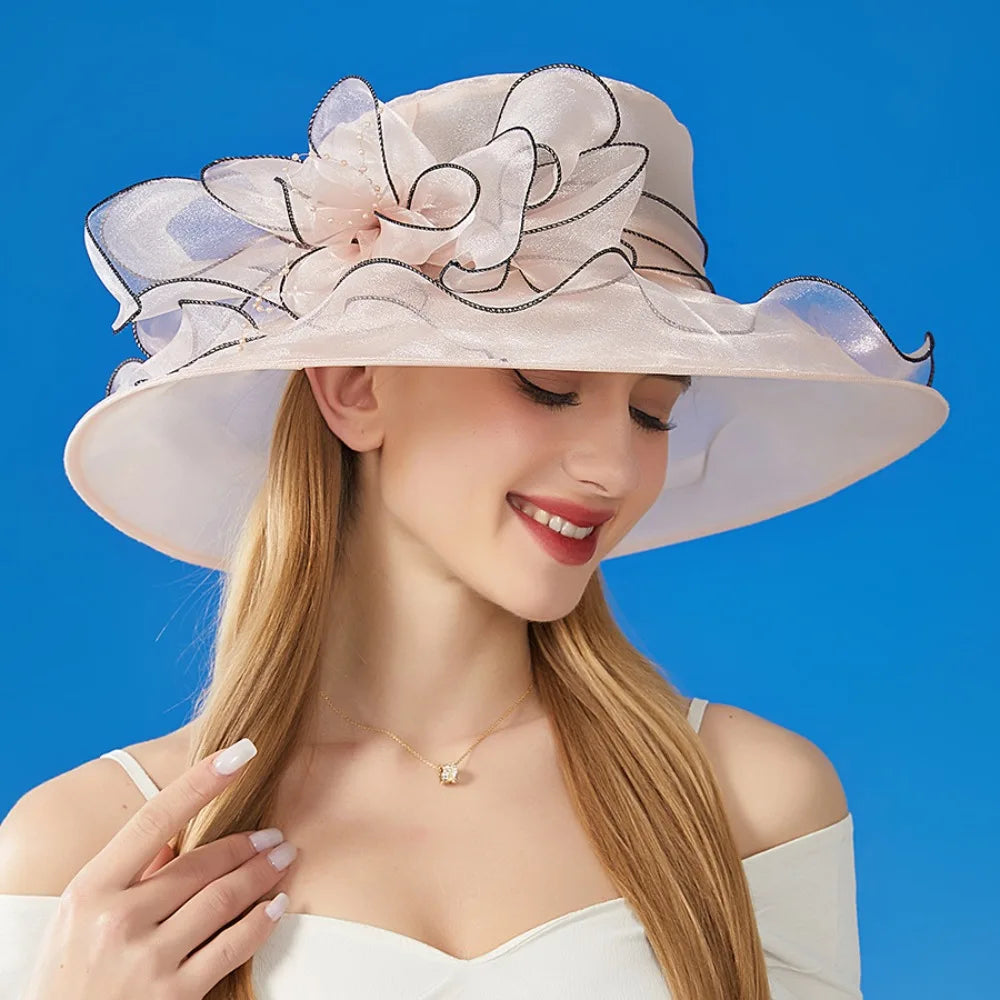 Chapeau Derby à fleurs de couleur unie pour femmes, en Organza à large bord, à volants, chapeau de soleil pliable, Protection UV, pour fête de thé, mariage