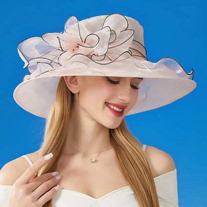 Chapeau Derby à fleurs de couleur unie pour femmes, en Organza à large bord, à volants, chapeau de soleil pliable, Protection UV, pour fête de thé, mariage