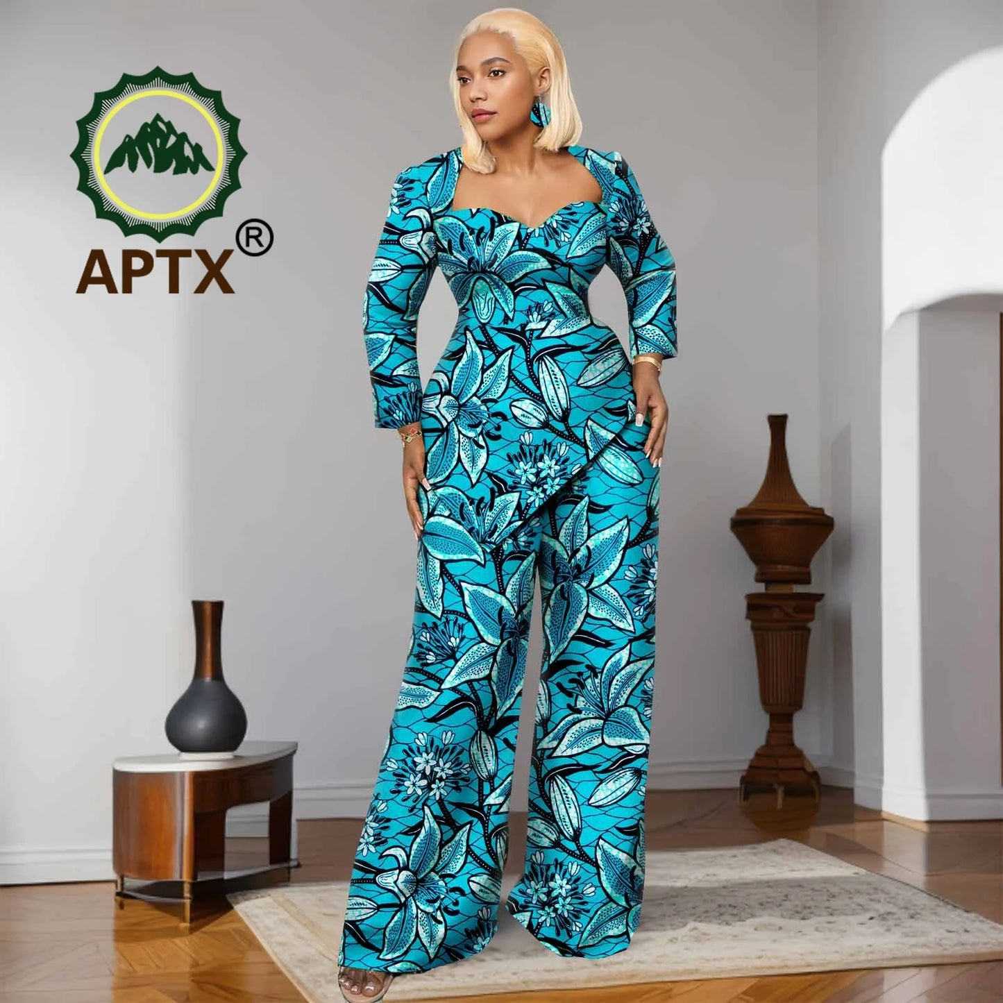 Ensemble deux pièces imprimé africain Ankara pour femmes, haut à manches neuf quarts et pantalon longueur au sol, ensemble décontracté Dashiki avec boucles d'oreilles