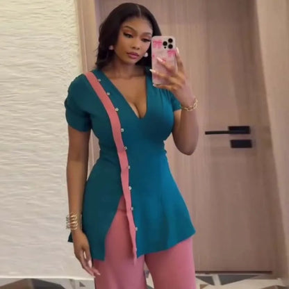 BERAKAH SUPRÊME -Haut rigide à col en V avec pantalon à jambes larges en Patchwork, ensemble deux pièces de Style africain, tenue d'affaires pour femmes, tenues d'été pour femmes