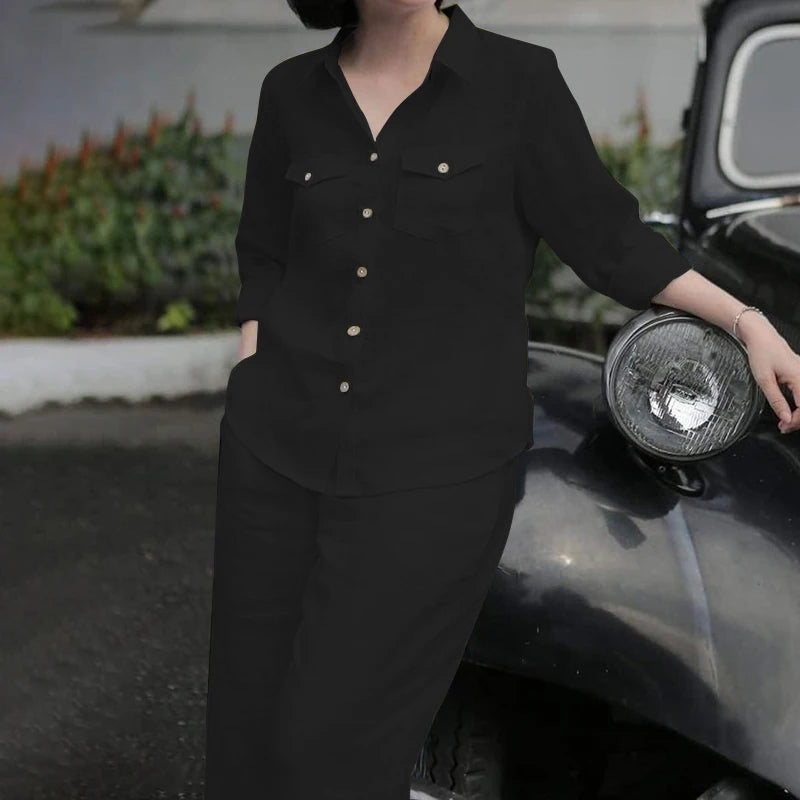 Ensemble chemise et pantalon pour femmes, élégant, col à revers, manches longues, mode automne, tenues, pantalons de travail solides, costumes, survêtement, 2 pièces