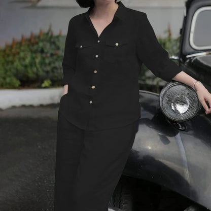 Ensemble chemise et pantalon pour femmes, élégant, col à revers, manches longues, mode automne, tenues, pantalons de travail solides, costumes, survêtement, 2 pièces