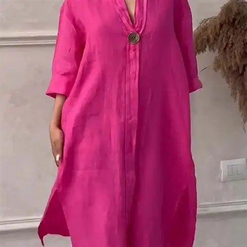 Femmes décontracté boutonné lin irt Long Ne rond couleur Blo vêtements pour animaux de compagnie accessoires