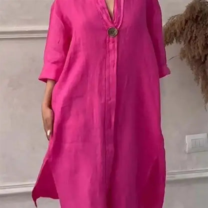 Femmes décontracté boutonné lin irt Long Ne rond couleur Blo vêtements pour animaux de compagnie accessoires