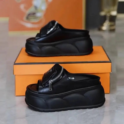 Nouvelle plate-forme mules pantoufles femmes concis grosses diapositives chaussures pantoufles d'extérieur femme argent fermeture éclair sabots dames pantoufles hautes