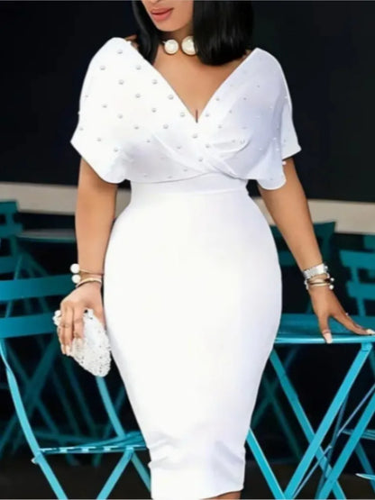 Robe de soirée à la mode pour femmes, Sexy, col en V, robes élégantes aux hanches, couleur unie, Slim, tenue de bureau, été, 2025