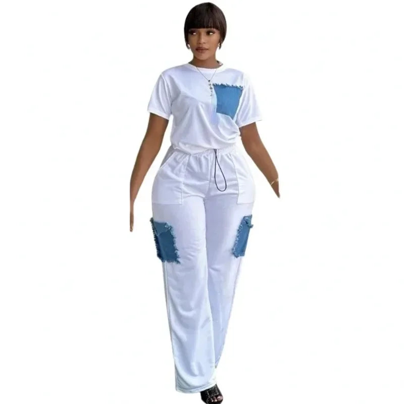 Ensemble Dashiki en Denim pour Femme, Vêtements Africains, Nouvelle Mode, Manches Courtes, Haut et Pantalon Imbibés, Ensembles Assortis pour ix, Été, 2 Pièces