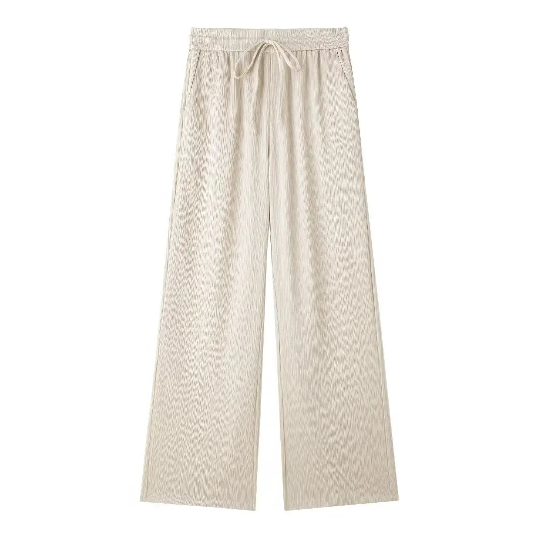 TRAFZA 2025 femmes pantalons décontractés ensemble taille haute pantalon à jambes larges + solide Beige ample glace soie Double boutonnage chemise hauts 2025 à la mode