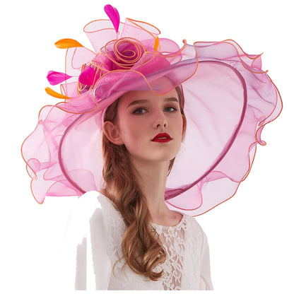 Femmes élégantes chapeau de soleil Organza Fedoras été chapeaux de soleil femmes Kentucky Derby large bord casquette de plage mariage Cocktail thé fête chapeaux