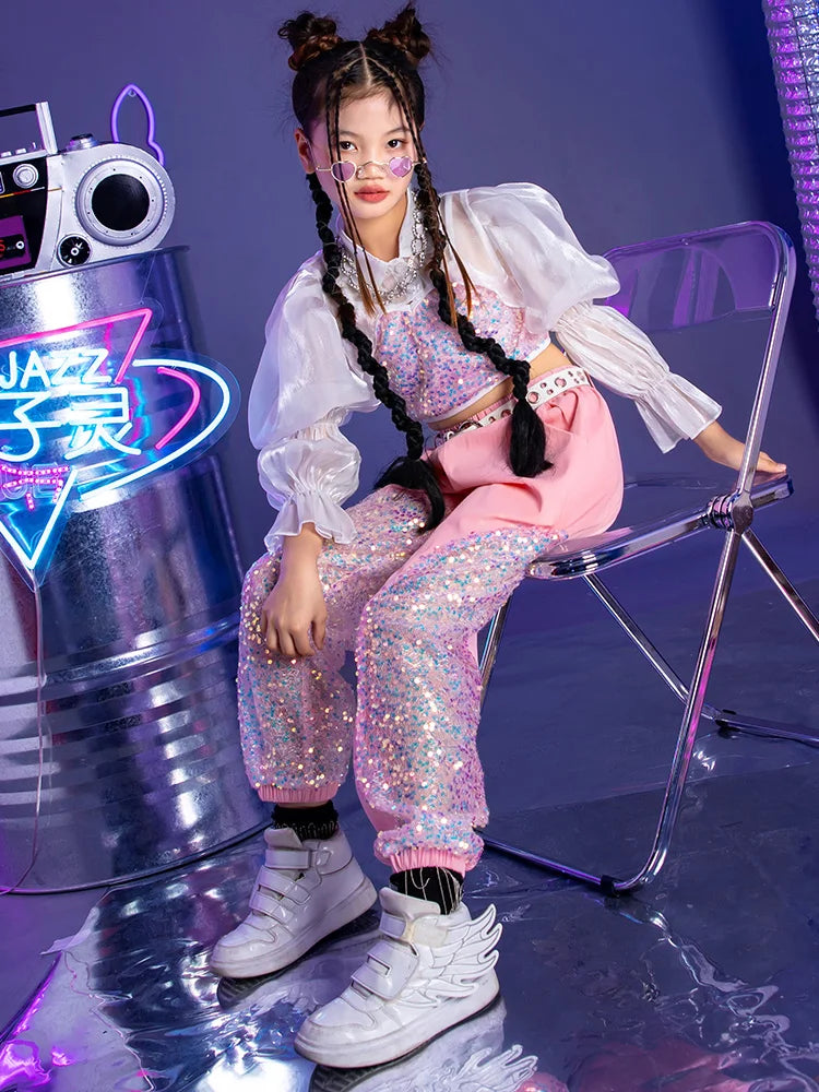 K-PoP-Ensemble de olympiques de danse jazz pour enfants, vêtements à paillettes, défilé de mode pour filles, tenues pour enfants, hip hop, hip hop