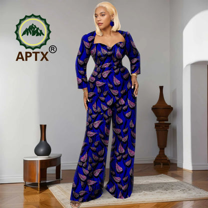 Ensemble deux pièces imprimé africain Ankara pour femmes, haut à manches neuf quarts et pantalon longueur au sol, ensemble décontracté Dashiki avec boucles d'oreilles