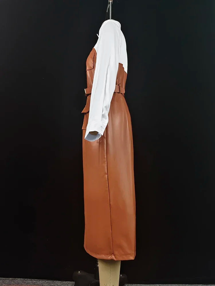 Robe mi-longue à manches longues pour femmes avec boutons, jupe chemise en PU, poche patchwork, ceinture maigre, revers, femme, automne, nouveau, 2025