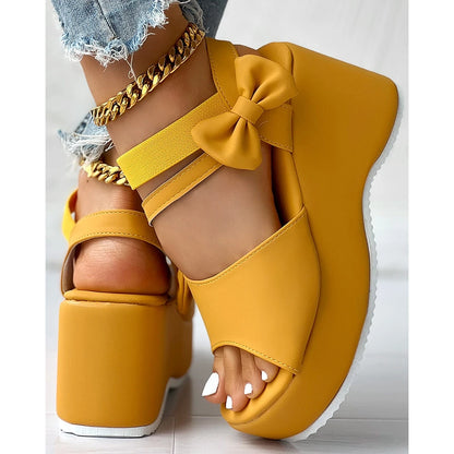 Peep Parker-Sandales à l'offre elles compensées avec nœud papillon pour femmes, sandales en daim, style coréen, printemps, automne, été, 03/Casual, 2024