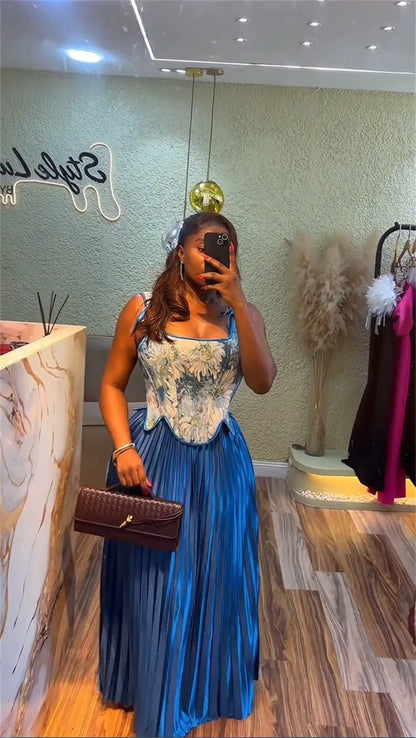 CM.YAYA ensemble femme imprimé fleuri taille cintrée gilet + jupes longues plissées costume 2025 fête soirée rue deux 2 pièces ensemble tenue