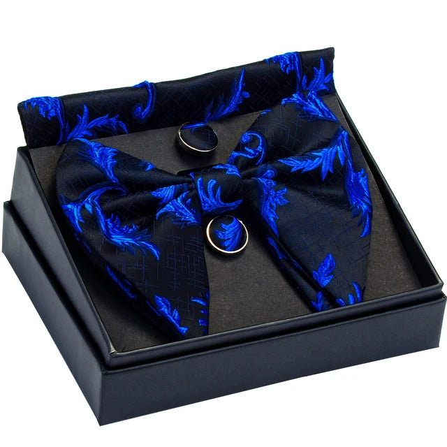 GUSLESON-Ensemble de boutons de manchette carrés à motif décoratif pour hommes, nœud papillon blanc noir, poche, boîte cadeau, cravate de la présidence de mariage
