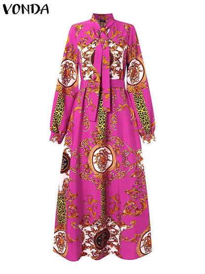 VONDA Robe Maxi 2024 été femmes bohème imprimé fête Robe d'été à manches longues col montant Robe décontractée vacances robes ceinturée