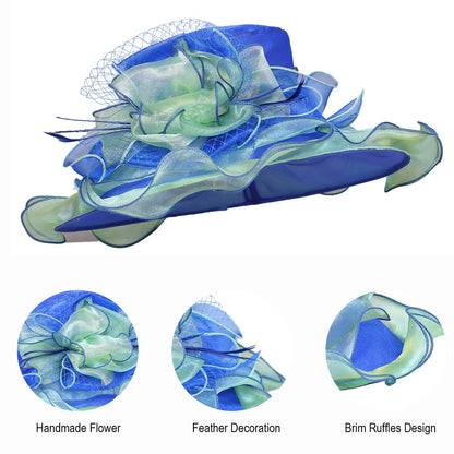 FS été bleu vert église Chapeau pour femmes élégant à large bord Organza Fascinator chapeaux mariage mariée Casquette avec fleur Chapeau Femme