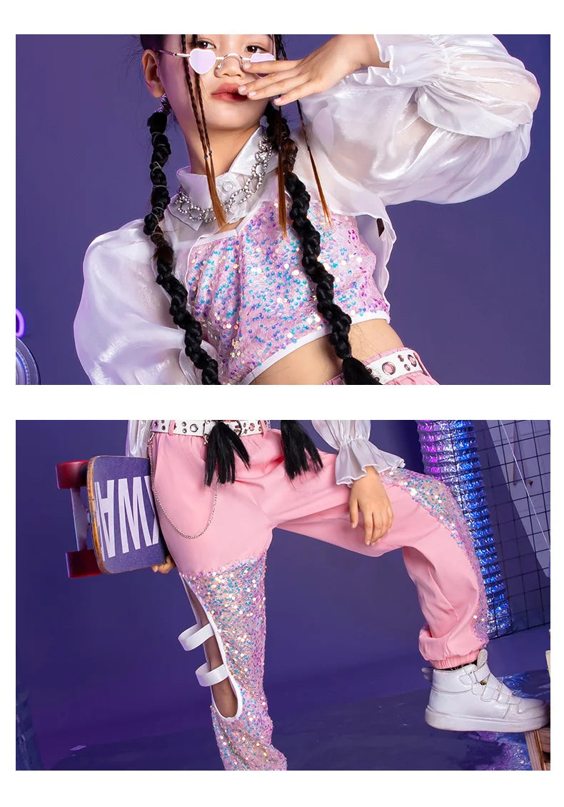 K-PoP-Ensemble de olympiques de danse jazz pour enfants, vêtements à paillettes, défilé de mode pour filles, tenues pour enfants, hip hop, hip hop