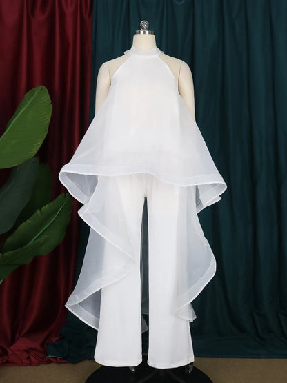Ensemble 2 pièces en mousseline de soie pour femme, blouse longue, dos nu, pantalon blanc, jambes larges, fête, vacances, plage, été