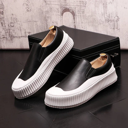 Mocassins en cuir à plateforme épaisse pour hommes, chaussures décontractées, chaussures de planche plates rehaussantes, nouveau, 2025