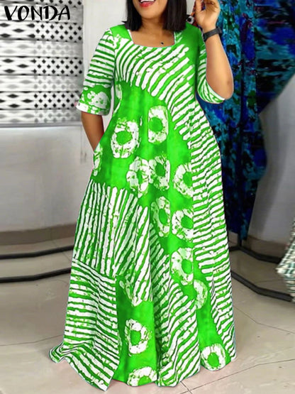 Grande taille femmes bohème Maxi Robe 2025 été imprimé longue Robe d'été VONDA plage fête robes demi manches décontracté Robe ample
