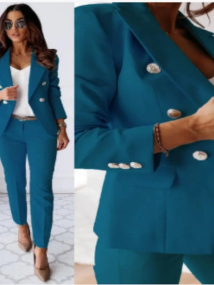 Mode Double boutonnage à manches longues costume ensemble femmes nouveau automne hiver coupe ajustée petite jambe pantalons longs femme bureau 2 pièces ensemble