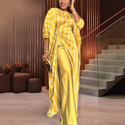 Ensemble 2 pièces pantalon pour femme, chemisier et pantalon Extra longs jaunes, mode élégante pour dames, tenues de dîner pour fête d'anniversaire, nouvelle collection 2025