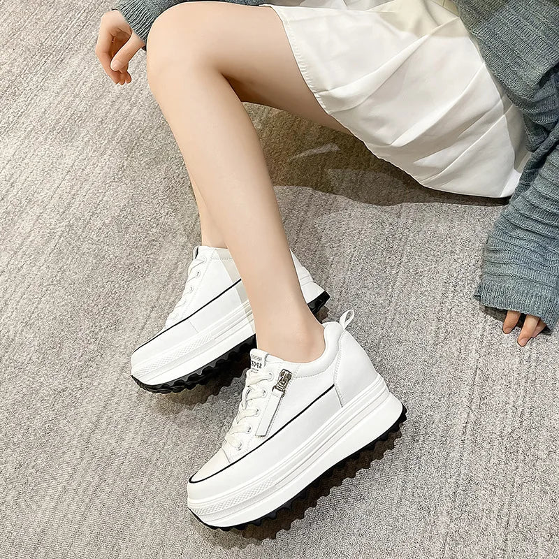 Fujin 7 cm en cuir véritable femmes chaussures décontractées 7 cm plate-forme compensée femme mode baskets gros printemps automne chaussures été