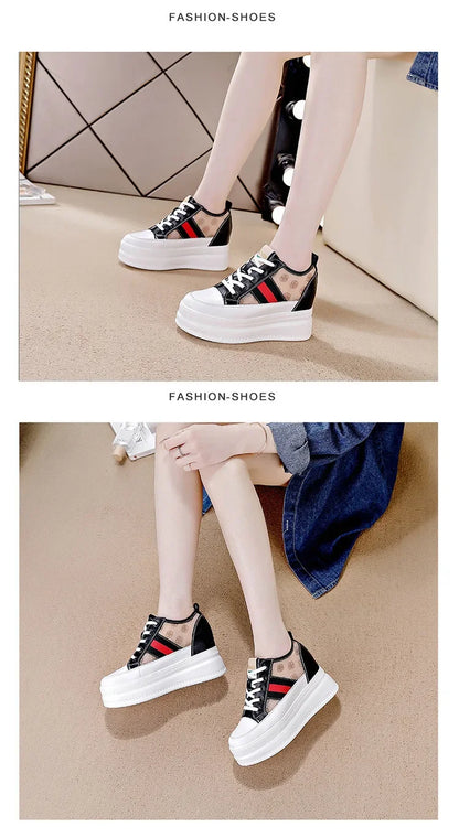 9cm femmes chaussures grosses baskets Air maille évider en cuir véritable blanc chaussures compensées plate-forme talon pompes Mujer Bombas