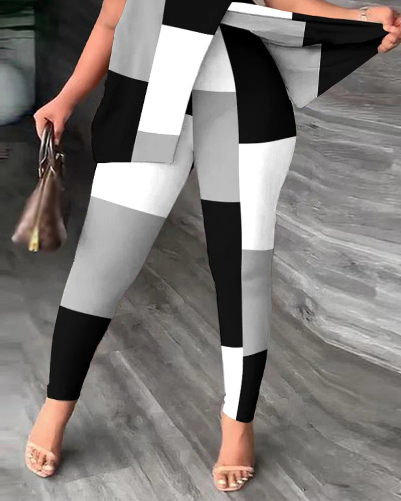 Ensemble deux pièces élégant pour femmes, nouvelle mode, imprimé, manches à volants, haut, pantalon de couleur unie, avec ceinture, chemisiers, vêtements féminins