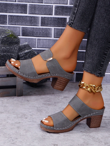 Sandales coordonnantes à talons et orteils ouverts pour femmes, pantoufles décontractées à la mode, document solide, racine carrée, été 2024