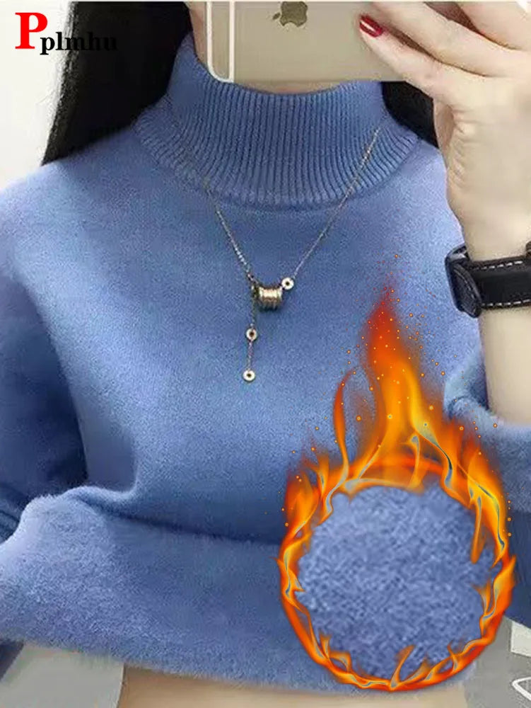 Pull Slim à Demi-Col Roulé pour Femme, Tricot Doublé de Velours, Chaud, Épais, en Jersey Doux, Collection Hiver