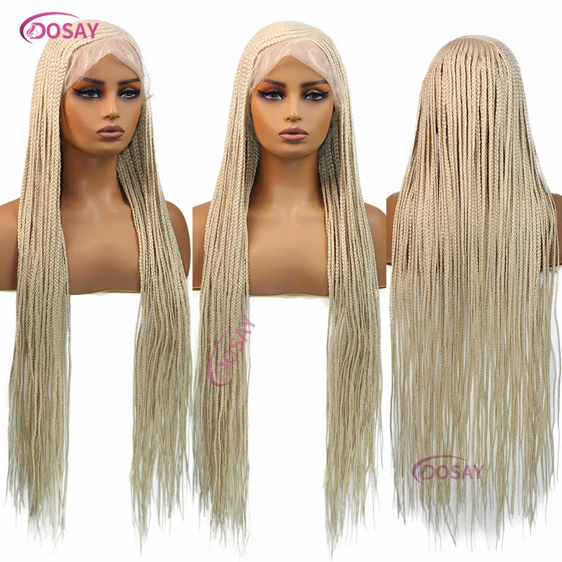 Perruques tressées en boîte Cornrow 36 pouces, perruque synthétique Blonde 613 pour femmes, perruque Lace Front Wig tressée avec raie latérale de haute qualité, perruque Faux Locs