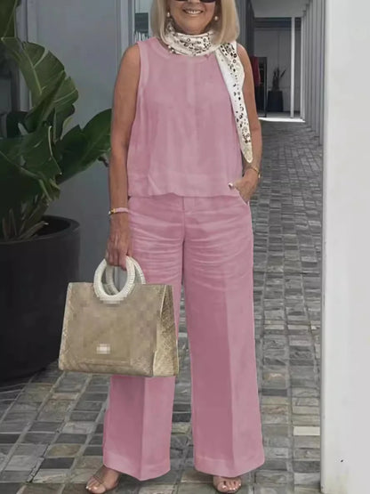Costumes simples en coton et lin pour femmes, mode d'été, chemisier ample sans manches, pantalon à jambes larges, ensemble deux pièces pour femmes, tenues décontractées