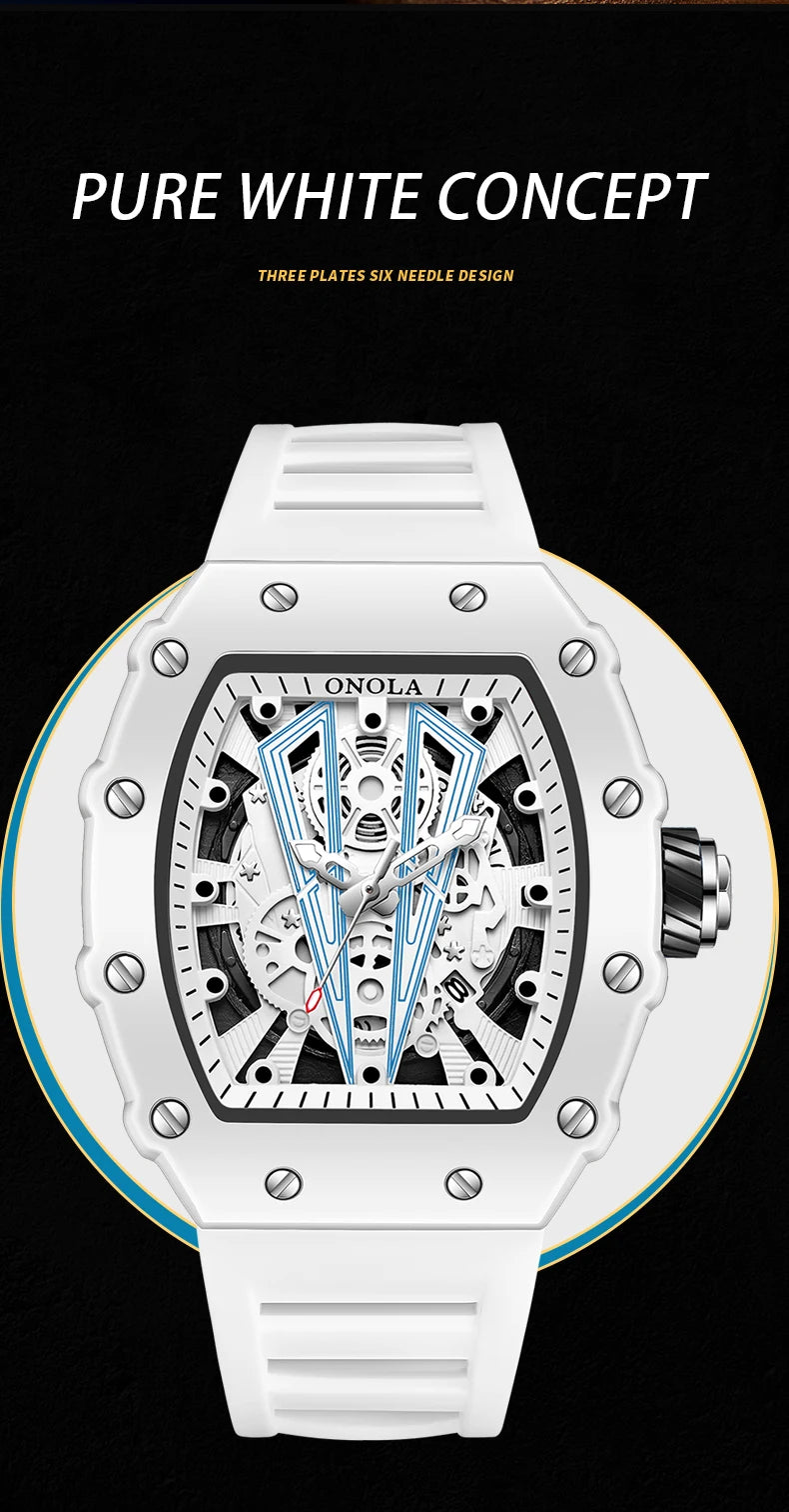 ONOLA-Montre Tonneau Blanche pour Homme, Horloge Masculine, Calendrier Showous, Degré d'Eau, Bande en Silicone