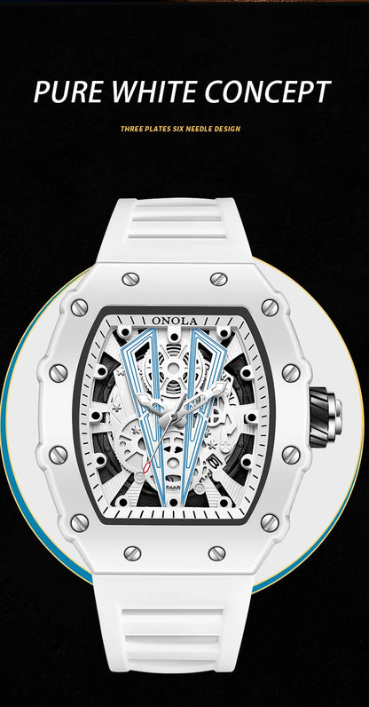 ONOLA-Montre Tonneau Blanche pour Homme, Horloge Masculine, Calendrier Showous, Degré d'Eau, Bande en Silicone