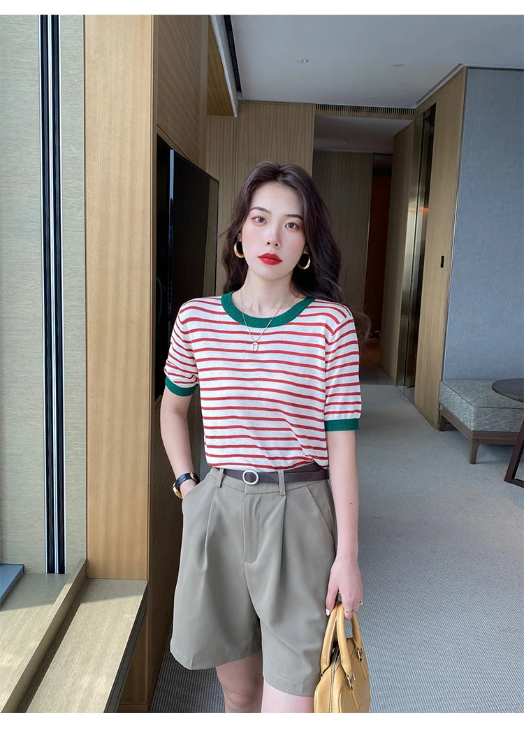2025 hauts à rayures femmes tricoté col rond été imprimé à manches courtes décontracté Simple sauvage T-Shirt