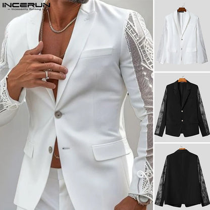INCERUN hauts 2024 Style américain mode hommes Perspective dentelle épissage conception costume manteaux décontracté solide à manches longues Blazer S-5XL