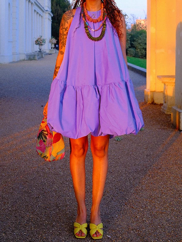 Krisstargirl femmes été bulle Mini robe 2025 taille haute sans manches jupe évasée coton robes courtes décontractées pour femme