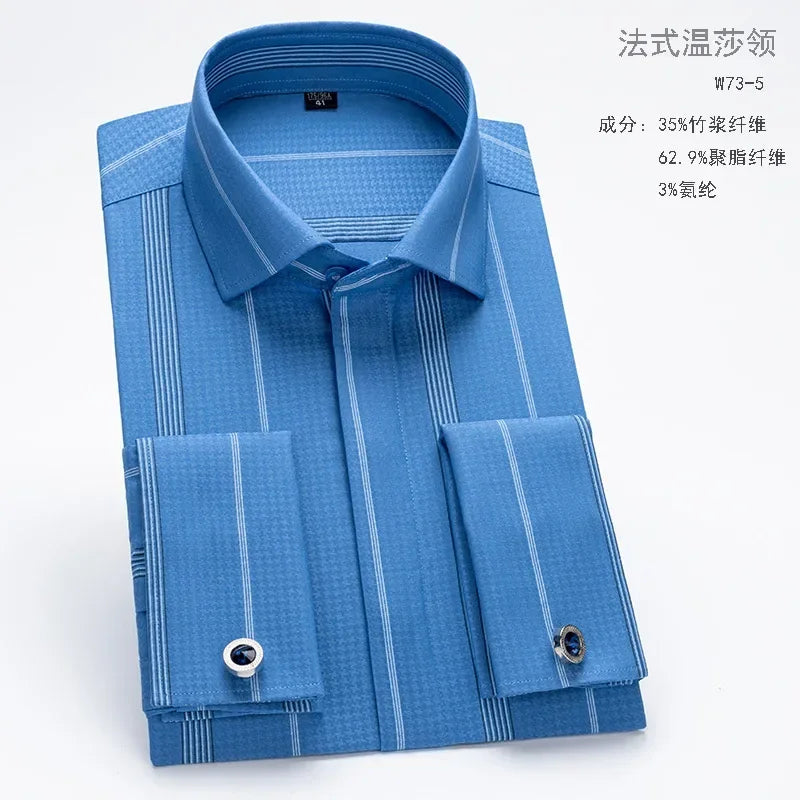 Chemise à manches longues pour hommes, Niche Chic, manches doubles pliées, col Windsor, robe de haute qualité, boutons de manchette français aléatoires, 2024
