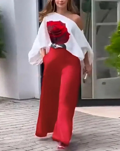 Ensemble deux pièces décontracté pour femmes, vêtements d'été pour femmes, T-shirt à manches lanternes et col incliné imprimé Rose, haut et pantalon à jambes larges, 2025