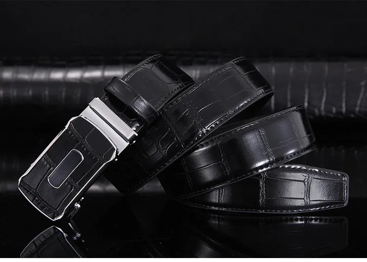 Ceinture en cuir véritable pour hommes d'affaires haut de gamme, 3.3cm, boucle automatique en alliage, peau de vache à deux couches, ceinture de costume décontractée pour hommes