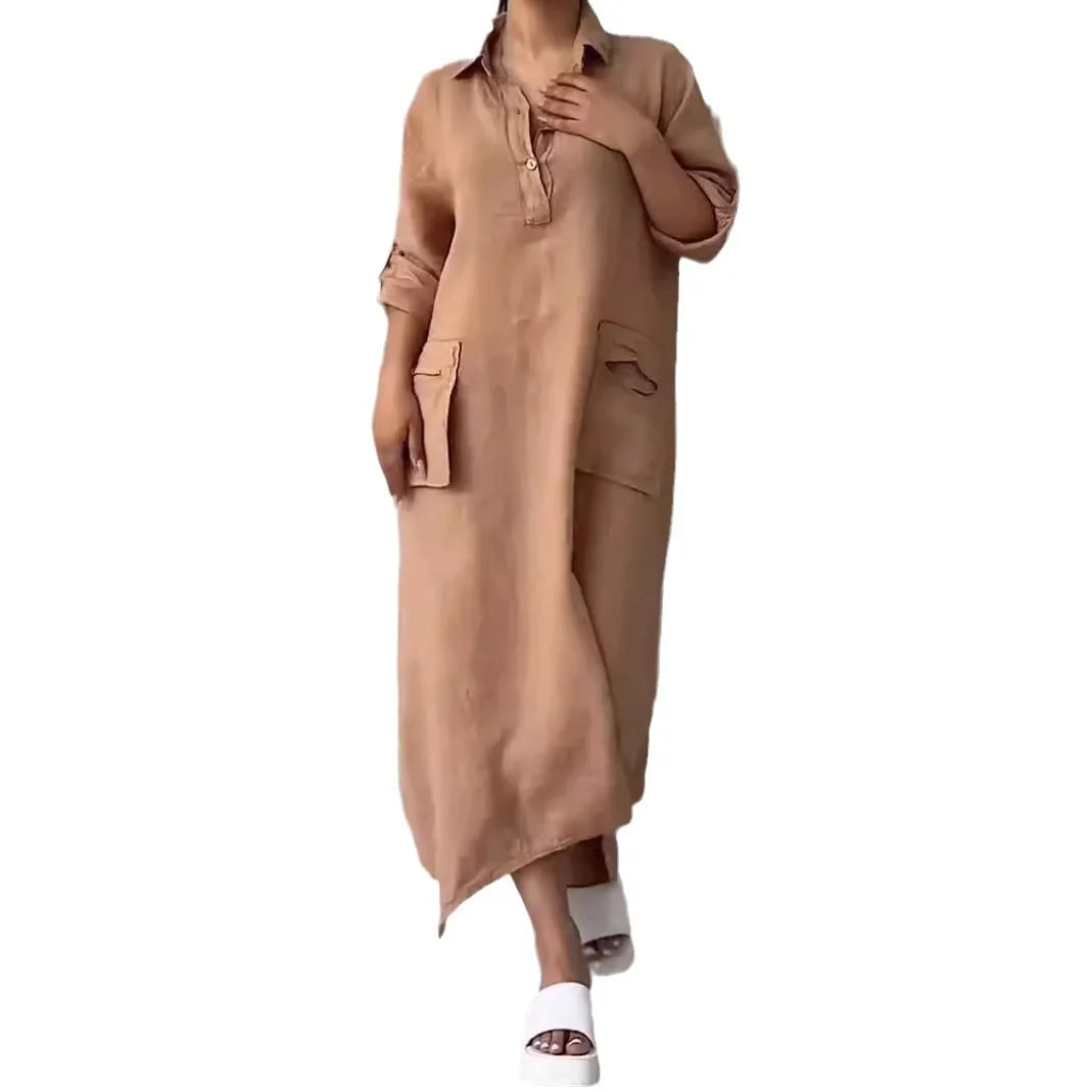 Robe longue en lin à manches longues pour femmes, robe maxi blanche avec poches, élégante, mode décontractée, été, 2024