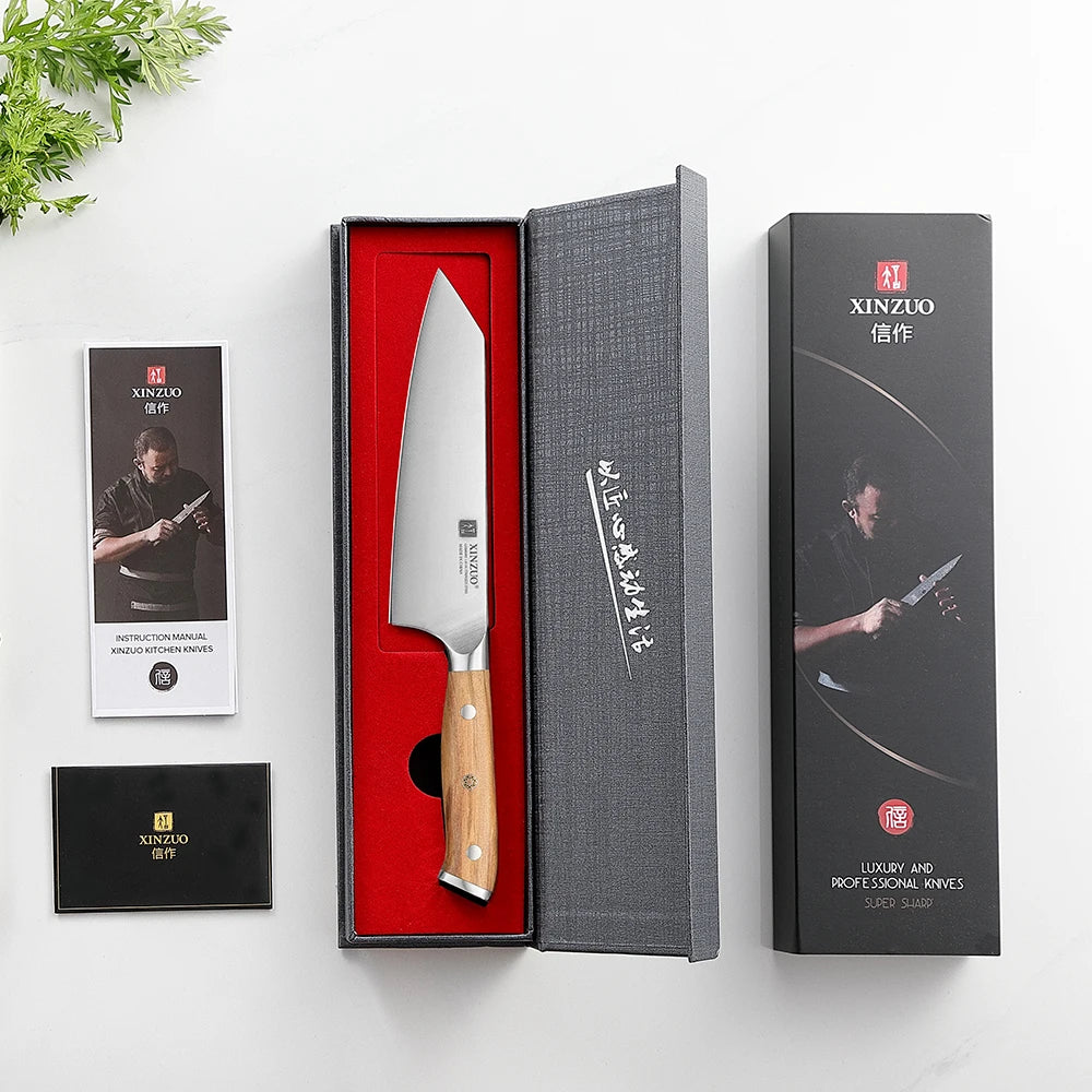 XINZUO 5,83 pouces Bunka couteau de chef allemand DIN 1.4116 acier 56 ± 2 HRC 15 ° Rivets en cuivre avec manche en bois d'olivier à 1 bords avec boîte cadeau
