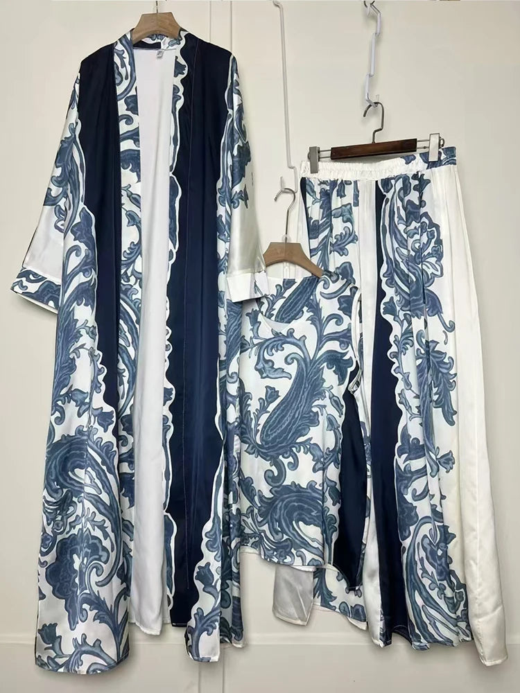 Cardigan long imprimé géométrique rétro, ensemble trois pièces, pull ample + jupe à jambes larges, costume à la mode pour femmes, été 2025