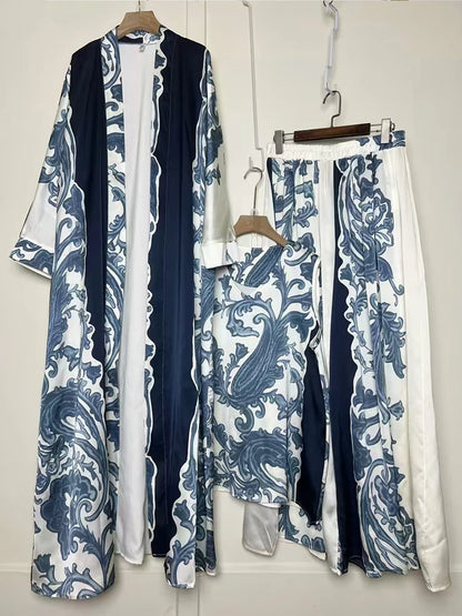 Cardigan long imprimé géométrique rétro, ensemble trois pièces, pull ample + jupe à jambes larges, costume à la mode pour femmes, été 2025