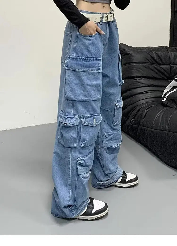 Jean Baggy à jambes larges pour femmes, pantalon Cargo multi-poches, nouvelle mode Harajuku Y2K, Streetwear, jean bleu délavé, 2025