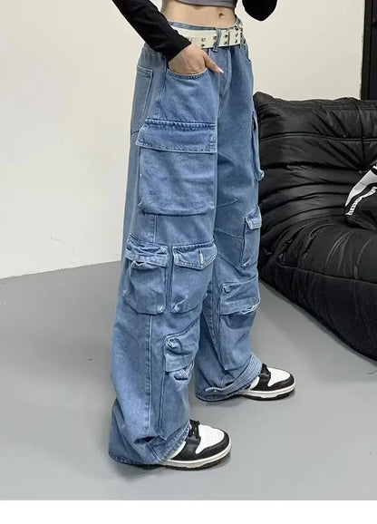 Jean Baggy à jambes larges pour femmes, pantalon Cargo multi-poches, nouvelle mode Harajuku Y2K, Streetwear, jean bleu délavé, 2025