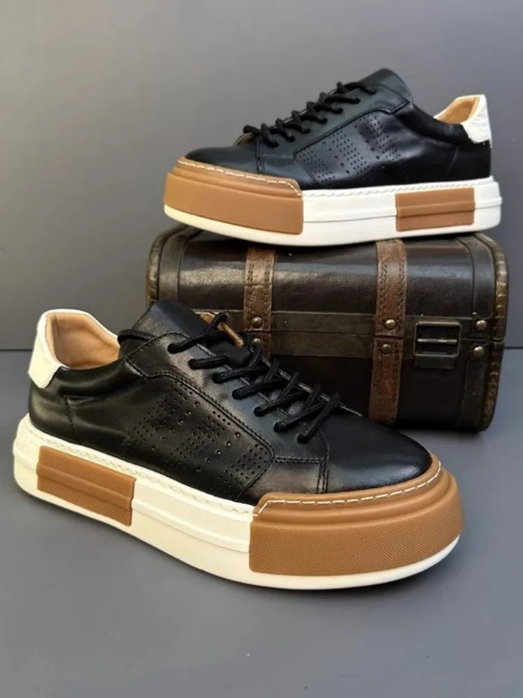 Hommes chaussures en cuir véritable à lacets couleurs mélangées plate-forme chaussures Hip Hop respirant espadrilles décontractées hommes bout rond chaussures d'entraînement